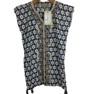 Skemo Kids Ikat Shell Tassle Embroidered Sleeveless Beads String Short Kaftan 10